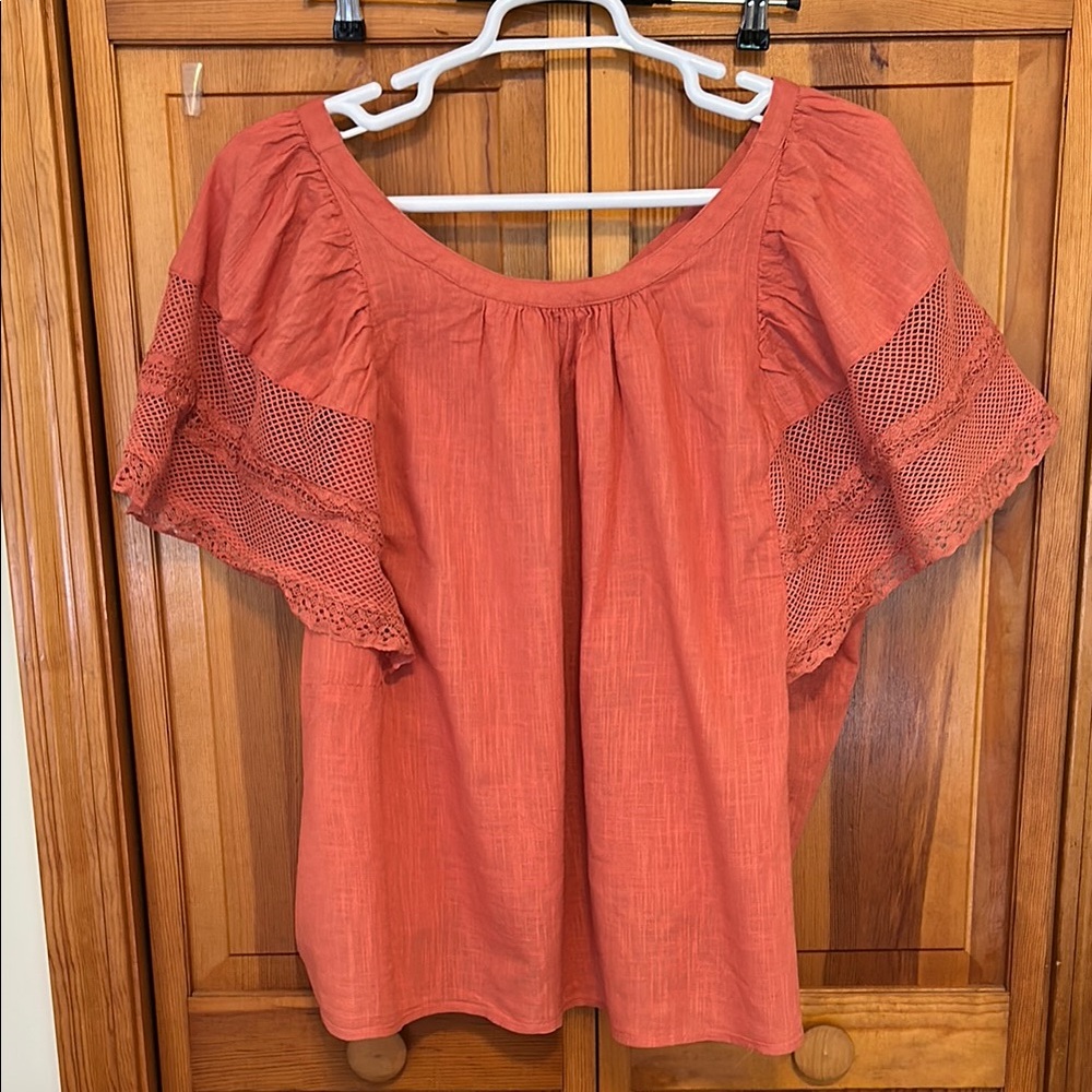 Old Navy Coral Crochet Flutter‑Sleeve Blouse 3X New • 100% Cotton Swing Top